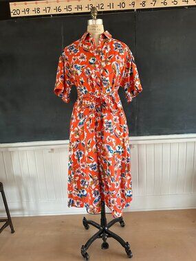 Tucker Orange Multicolor Floral Belted Midi Shirt Dress Size S
